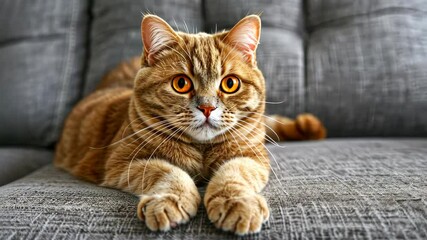 Golden Gaze: This portrait of a charming cat with captivating amber eyes. The domestic feline lounges with relaxed confidence, its fur gleaming, showcasing the allure of a beloved pet.