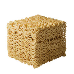 Close up of a stack of uncooked instant ramen noodles on a transparent background isolated on transparent background