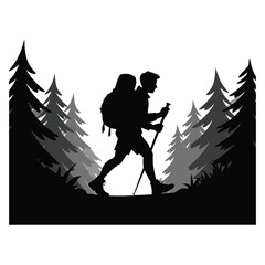 Fototapeta premium Man hiking with backpack and poles through forest silhouette