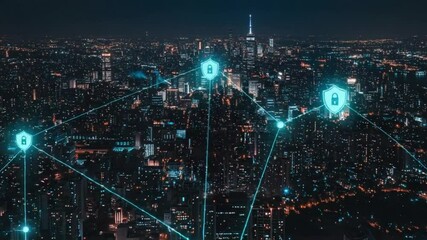 City network with cybersecurity lock icons at night represents digital safety - Powered by Adobe
