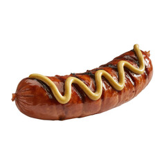 Juicy grilled sausage with a swirl of yellow mustard isolated on transparent background