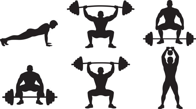 Fitness training icon with push up barbell kettlebell and weightlifting workout poses