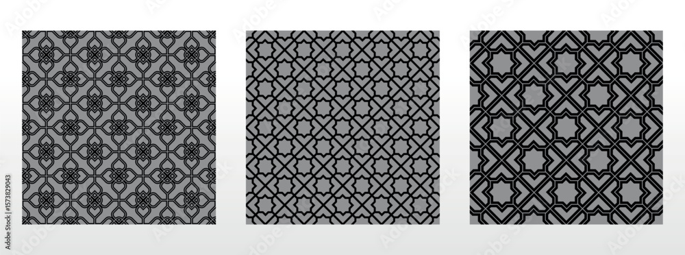 Poster geometric set of seamless black and gray patterns. simple vector graphics