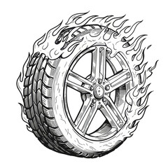 Illustration of Burning Tire Wheel with Flames on Transparent Background