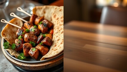 Grilled meat skewers served with flatbread and fresh parsley on a table