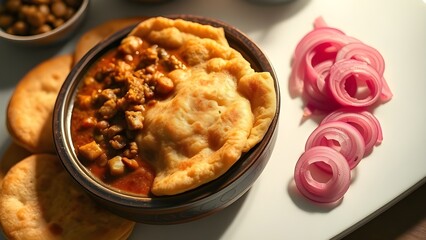 A hearty bowl of chili with tortilla and red onions is a satisfying meal