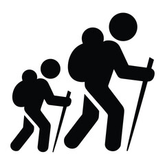 Two hikers with backpacks and poles walking together silhouette