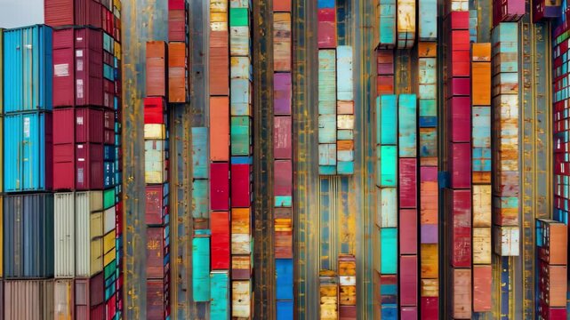 Aerial view of colorful shipping containers arranged at a port terminal in Spain, Aerial view, port container terminal in Spain