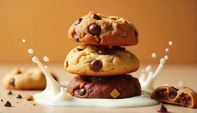 Delicious stack of chocolate chip cookies and splashing milk on a beige background for a sweet dessert treat.