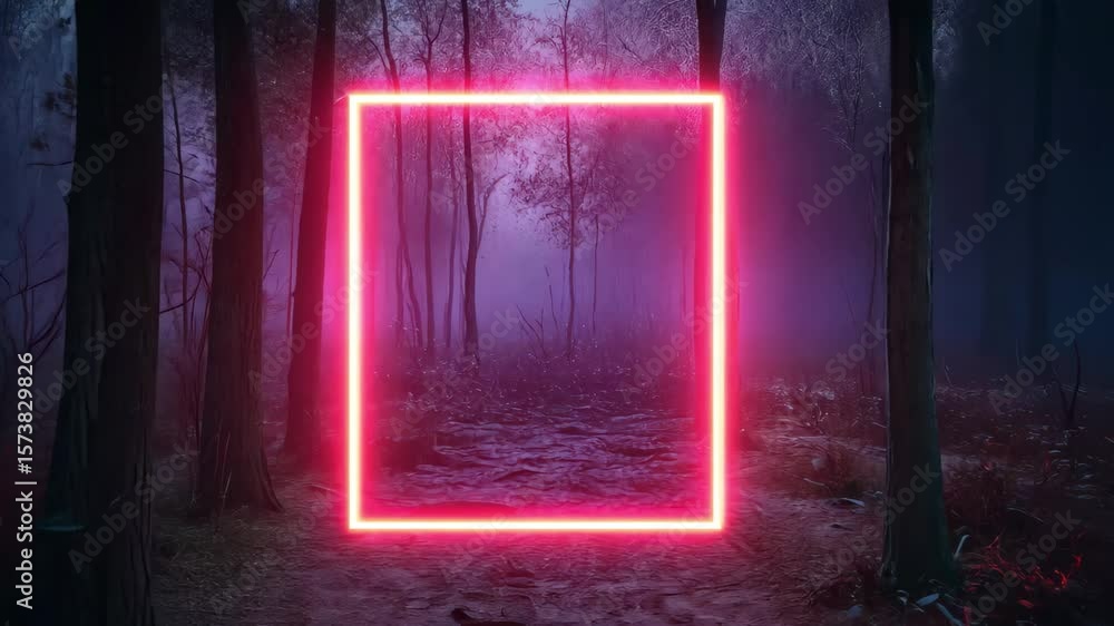 Poster rectangular neon frame shines brightly in a misty forest at dusk, rectangular neon shimmering lumino