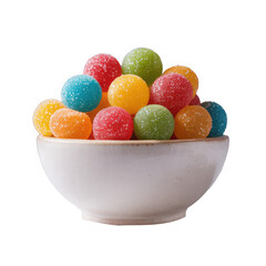 A close up of colorful sugared gummy candies piled high in a rustic ceramic bowl isolated on transparent background
