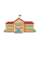 Fototapeta premium Illustration of Cartoon School Building with Red Flag and Clock Tower