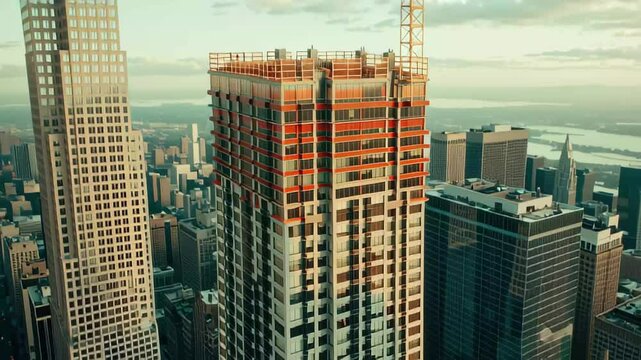 Construction of a new highrise building in an urban city skyline captured from above, Aerial shot of a new high-rise building under construction