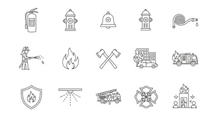 Firefighting Equipment, Tools, and Symbols, Emergency Response, Digital Illustration, Safety Awareness, Minimalist Design