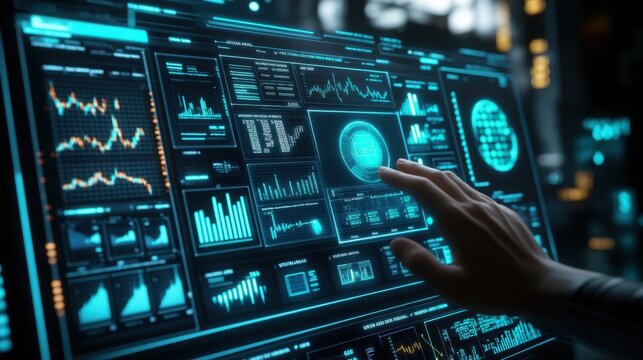 A high-tech AI-powered financial dashboard with a sleek futuristic interface, visualizing real-time stock analytics, AI-driven investment insights, and predictive market trends.