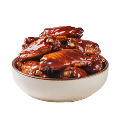 Delicious bbq chicken wings coated in glossy sauce served in a rustic bowl isolated on transparent background