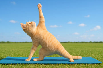 Ginger Cat Doing Triangle Pose on a Yoga Mat Outdoors under Blue Sky