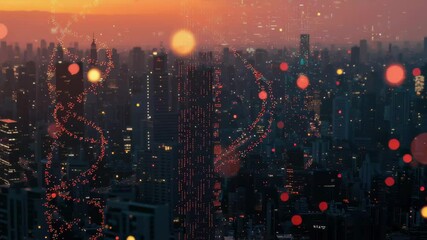 DNA strand overlays data processing in a vibrant cityscape at sunset, dna strand and data processing over cityscape - Powered by Adobe