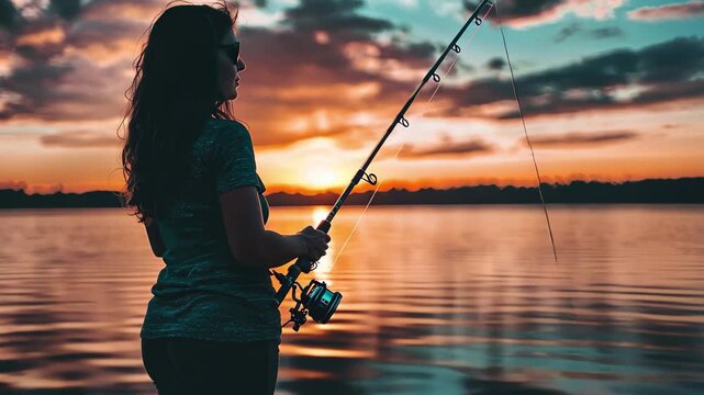 Woman fishing with spinning rod at sunset on tranquil waters of a lake, Woman fishing on Fishing rod spinning at sunset