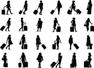 Woman traveler silhouette vector, female tourist walking, standing, holding luggage, suitcase, modern fashion travel icon, cad flat illustration
