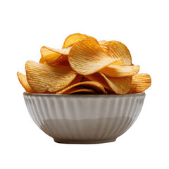 Crispy ridged potato chips piled high in a textured bowl isolated on transparent background