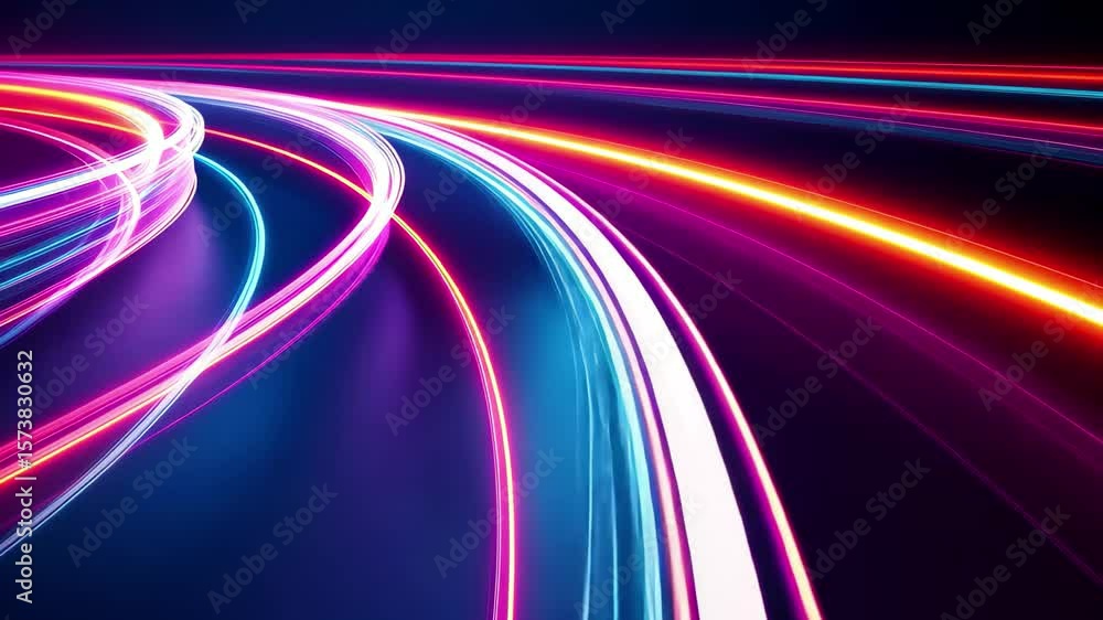 Poster bright neon lines create dynamic horizontal movement in a dark setting, realistic neon lines speedin