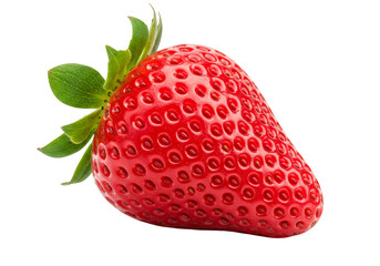 Isolated Fresh Red Strawberry Fruit Macro Shot with Green Leaves