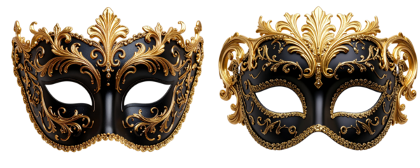 Glamorous Black and Gold Masquerade Party Mask with Glitter and Lace Details, Cut Out PNG