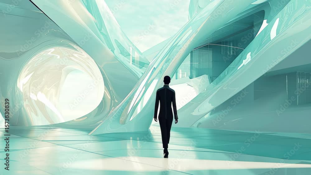 Poster exploring a futuristic business environment with innovative design elements and advanced technology,
