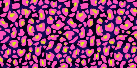 Leopard Neon Seamless Pattern in Pink and Lime. Seamless leopard print in hot pink, lime green, and dark violet. Perfect for fashion design, textiles, party decor and trendy Y2K-style backgrounds