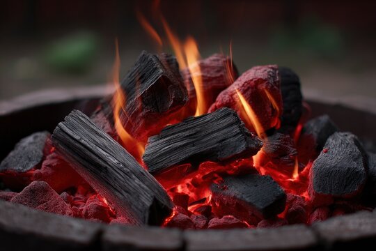 Glowing coals and flames fill a fire pit with charcoal pieces visible - Powered by Adobe