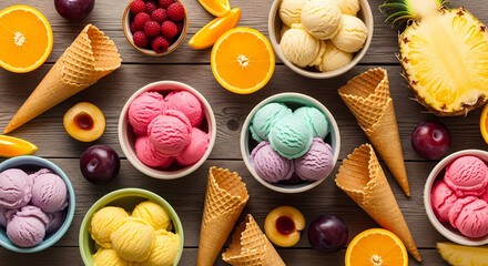 Delicious Colorful Ice Cream Scoops with Fresh Fruit