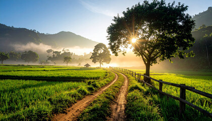 Fototapeta premium Scenic Path Through Rice Fields With Silhouetted Trees