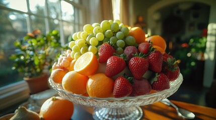 Sunlit glass bowl filled with assorted fresh fruits; strawberries, oranges, grapes, and lemon.