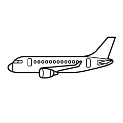 Simple black and white line drawing of a passenger airplane in profile view