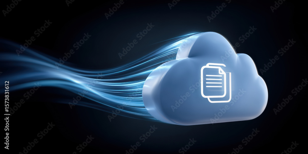 Poster cloud with document icon and flowing data lines represent ai cloud services for fast digital file tr