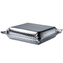 Shiny metallic aluminum foil food container with crimped edges isolated on transparent background