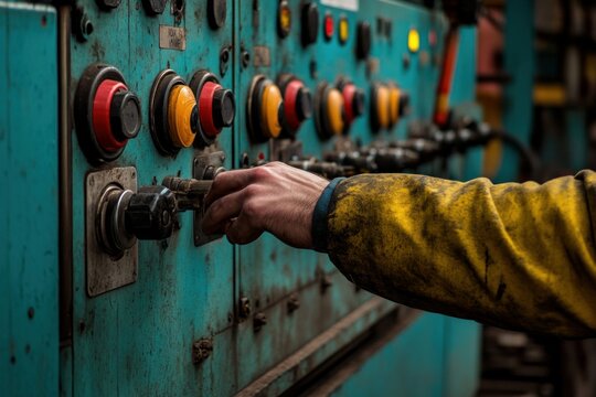 A factory worker adjusting control knobs on a heavy industrial machine, focused and experienced, clean and professional composition, copy space, natural color, minimalism, stock photography