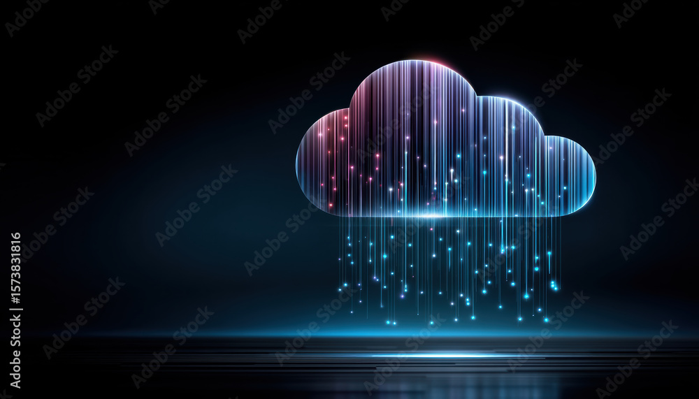 Poster ai cloud services concept with glowing digital cloud and data rain in futuristic style on dark backg