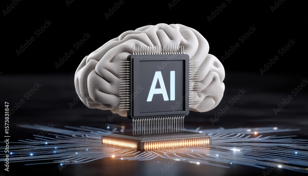 Poster artificial intelligence chip with brain model and cloud services concept showing ai technology and d