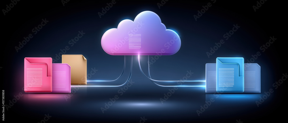 Poster cloud storage concept with glowing file folder icons connected by ai technology and cloud services n