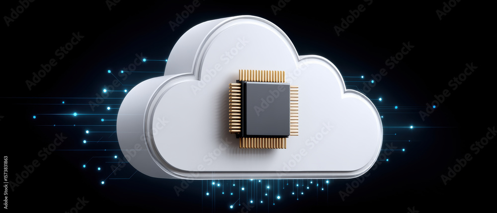 Poster ai cloud services concept with microchip symbolizing technology and digital data transfer in futuris