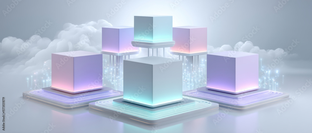 Poster ai cloud services concept with glowing cubes and futuristic technology design in soft pastel colors 