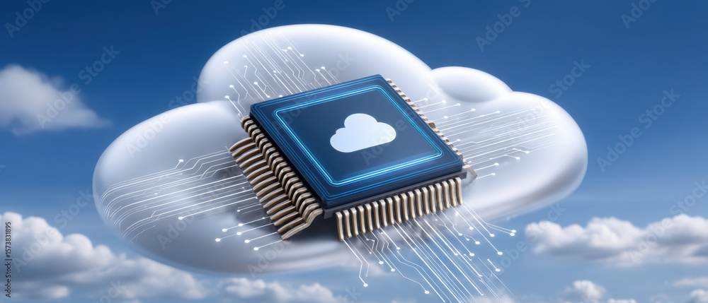 Poster ai cloud services concept with microchip and digital circuit on blue sky background showing technolo