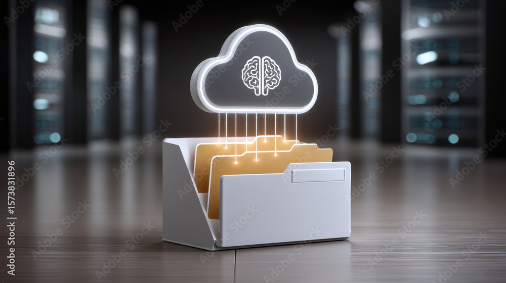Poster ai cloud services concept with digital brain icon and folder file storage in data center room