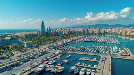 Stunning aerial view of Barcelona showcasing the vibrant cityscape and marina along the Mediterranean coast, barcelona city aerial view, europe city landscape shot by drone