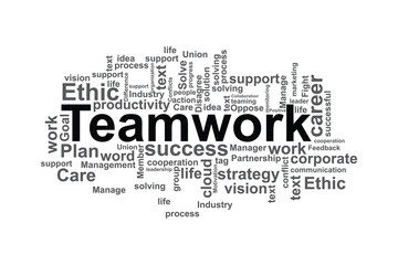 Teamwork word cloud concept with career, productivity, strategy, and support terms for business collaboration.
