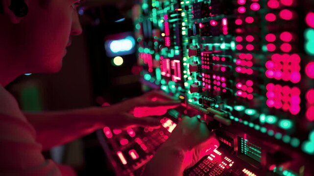 Exploring data processing on a computer circuit board with illuminated components, data processing over computer circuit board - Powered by Adobe