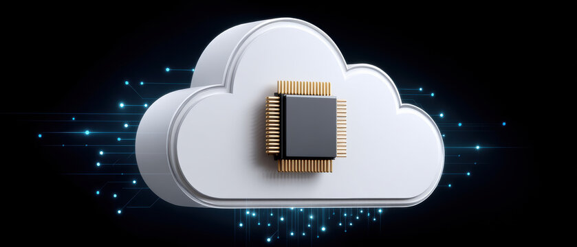 Ai cloud services concept with microchip symbolizing technology and digital data transfer in futuristic style