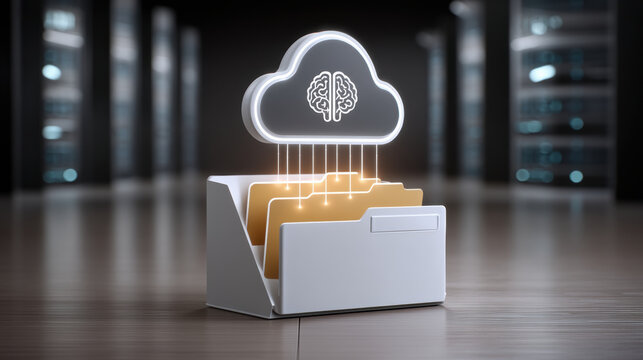 Ai cloud services concept with digital brain icon and folder file storage in data center room